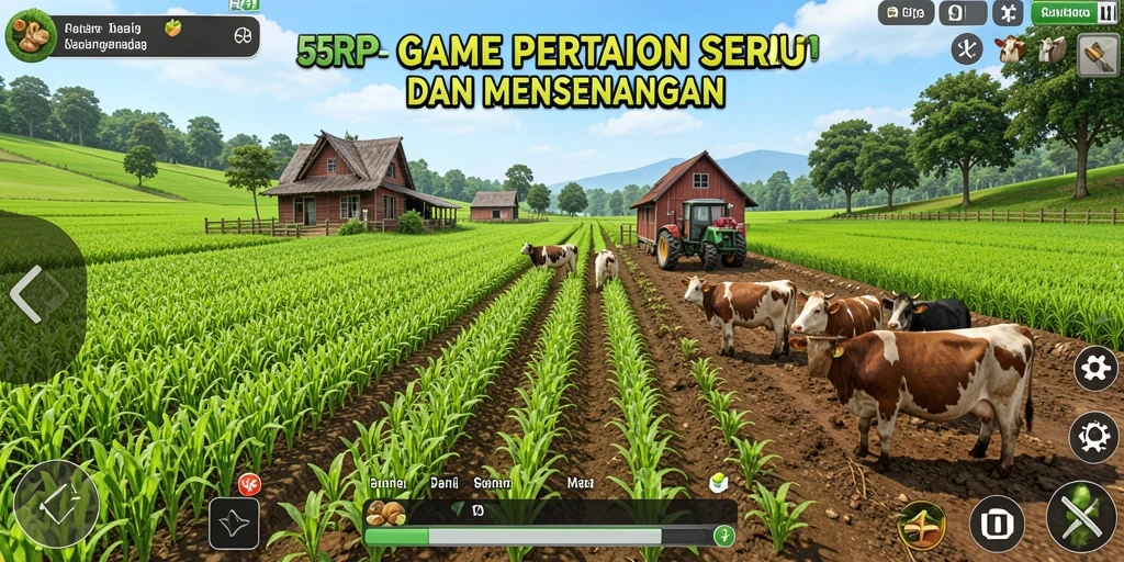 Screenshot gameplay 55RP yang menunjukkan aktivitas bertani dan panen.