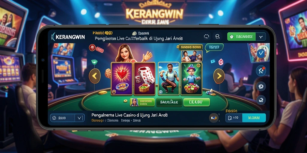 Screenshot KERANGWIN menampilkan dealer langsung dan suasana permainan kasino yang nyata.