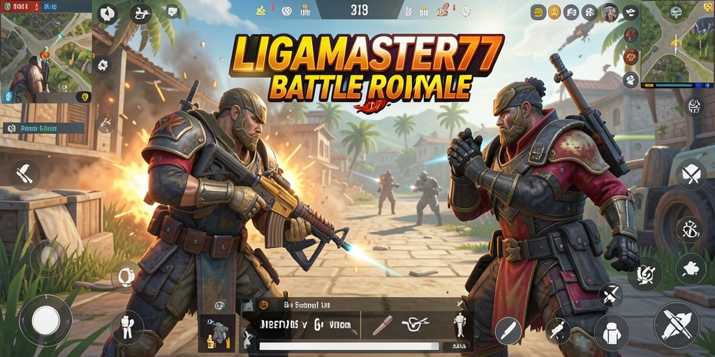 Tampilan intens gameplay LIGAMASTER77 dalam pertempuran Battle Royale.