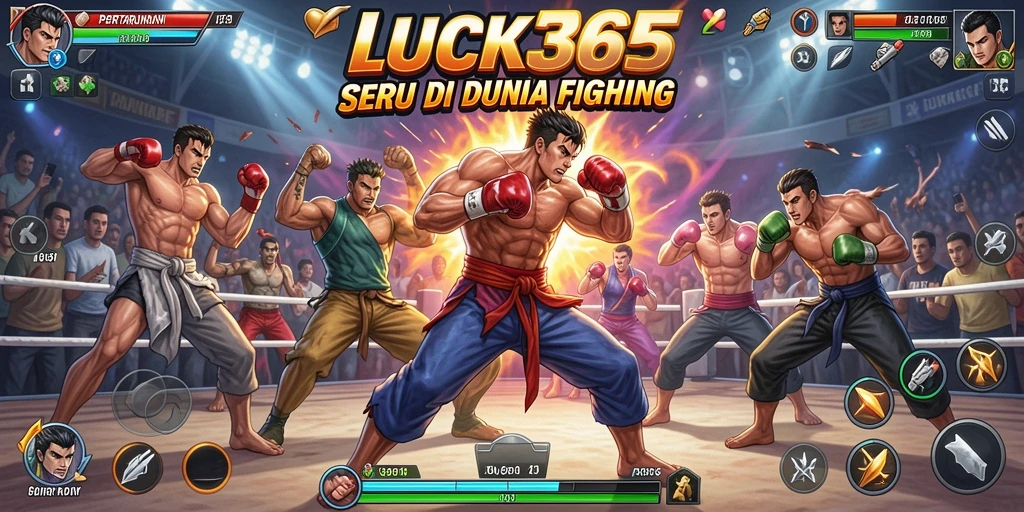 Screenshot LUCK365 menunjukkan karakter bertarung di arena yang menegangkan.