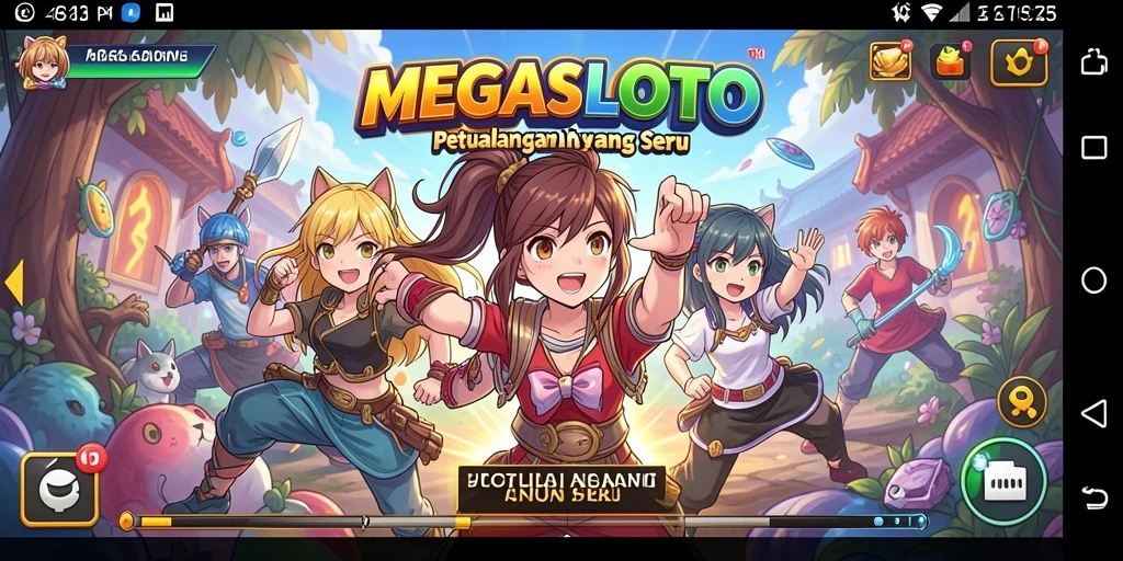 Tampilan gameplay MEGASLOTO yang menampilkan pertarungan karakter Anime.