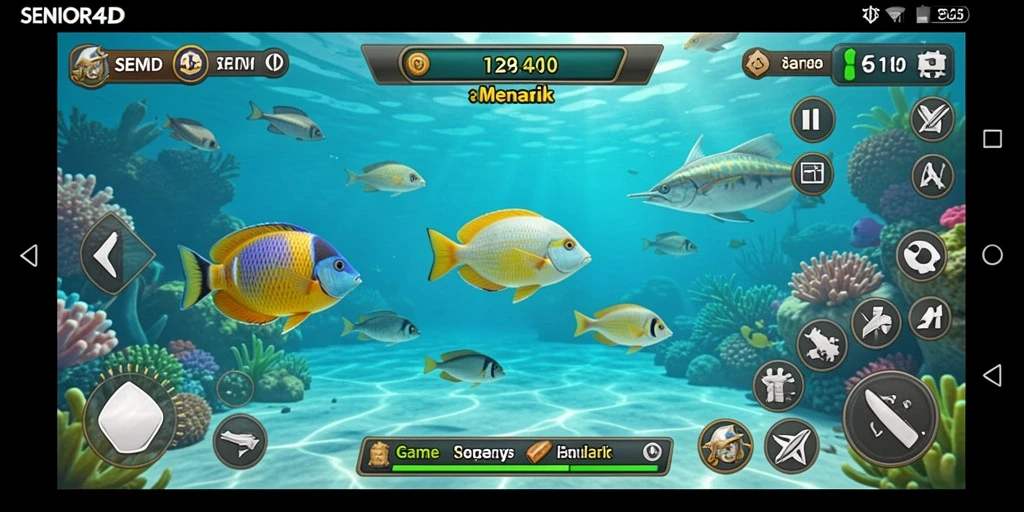 Tampilan gameplay SENIOR4D yang seru saat menangkap ikan.