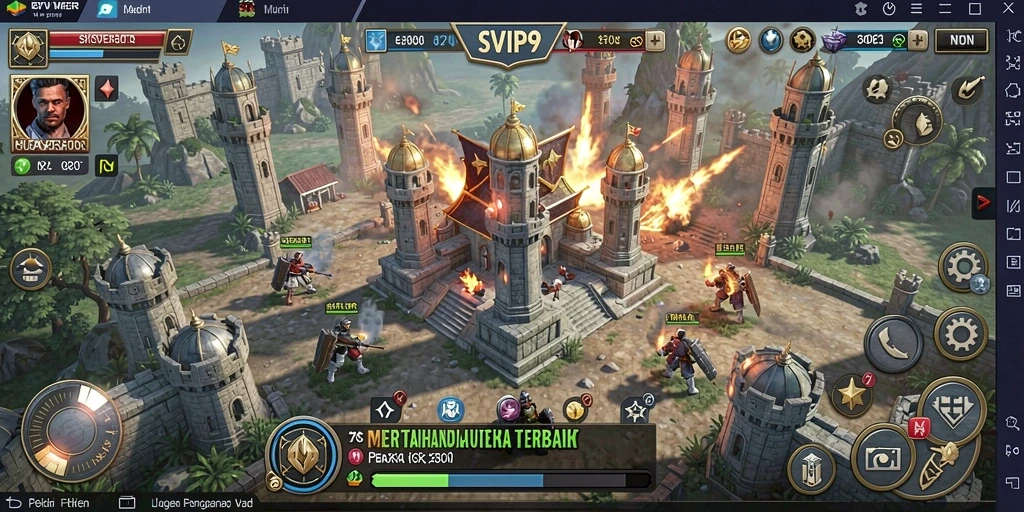 Screenshot gameplay SVIP9 yang menampilkan pertahanan menara strategis.
